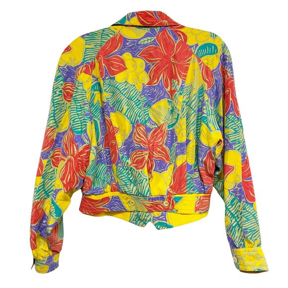 Vintage Pacific Silk Tropical Print V Neck Double Breast Crop Jacket - Picture 4 of 8
